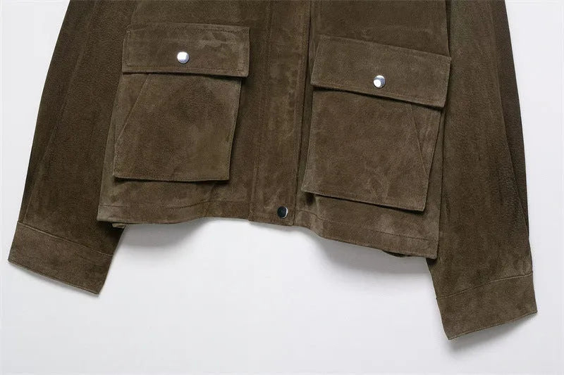 Women's picture colour PU jacket in Japanese Korean casual style on a hanger.