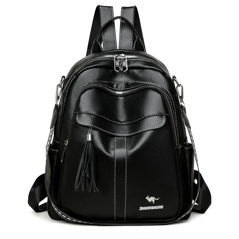 Genuine leather tassel backpack in khaki with fringe, stitching, anti-theft zippered hidden pocket and phone pocket