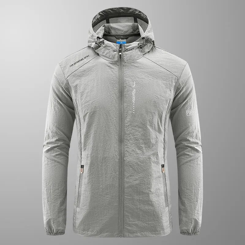 Men's thin nylon hooded jacket in light grey colour showing loose fit summer design