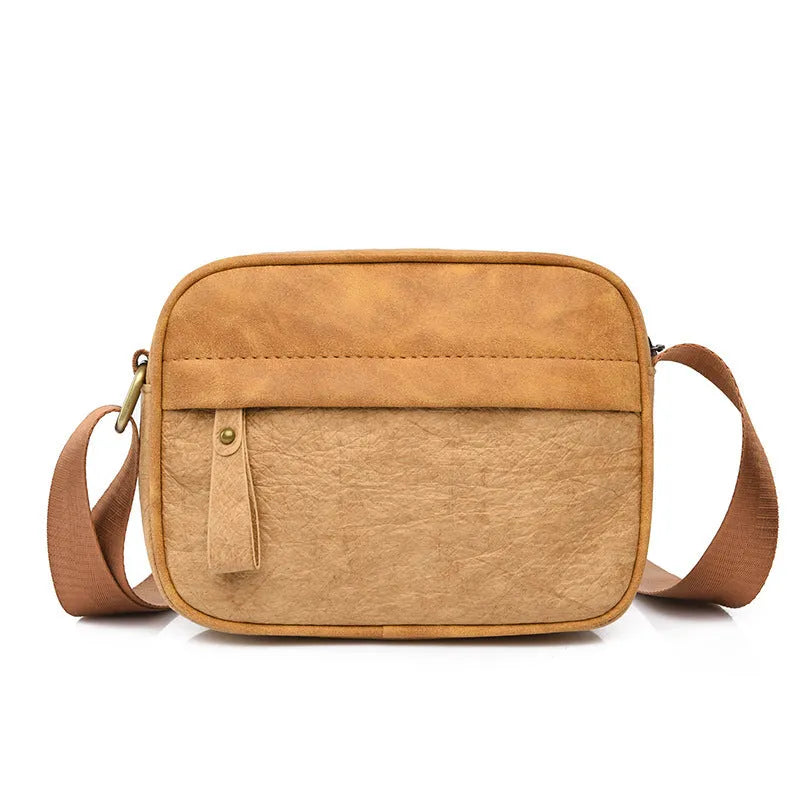 Men's waterproof paper crossbody bag in European and American retro style, shown in black, brown, and silver colour options