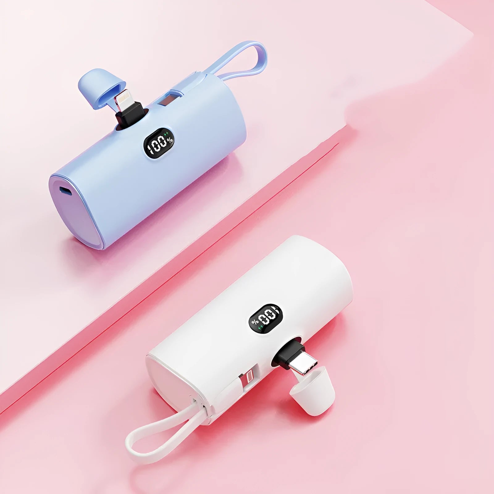 Capsule-shaped digital display wireless power bank with built-in plug in multiple colours.