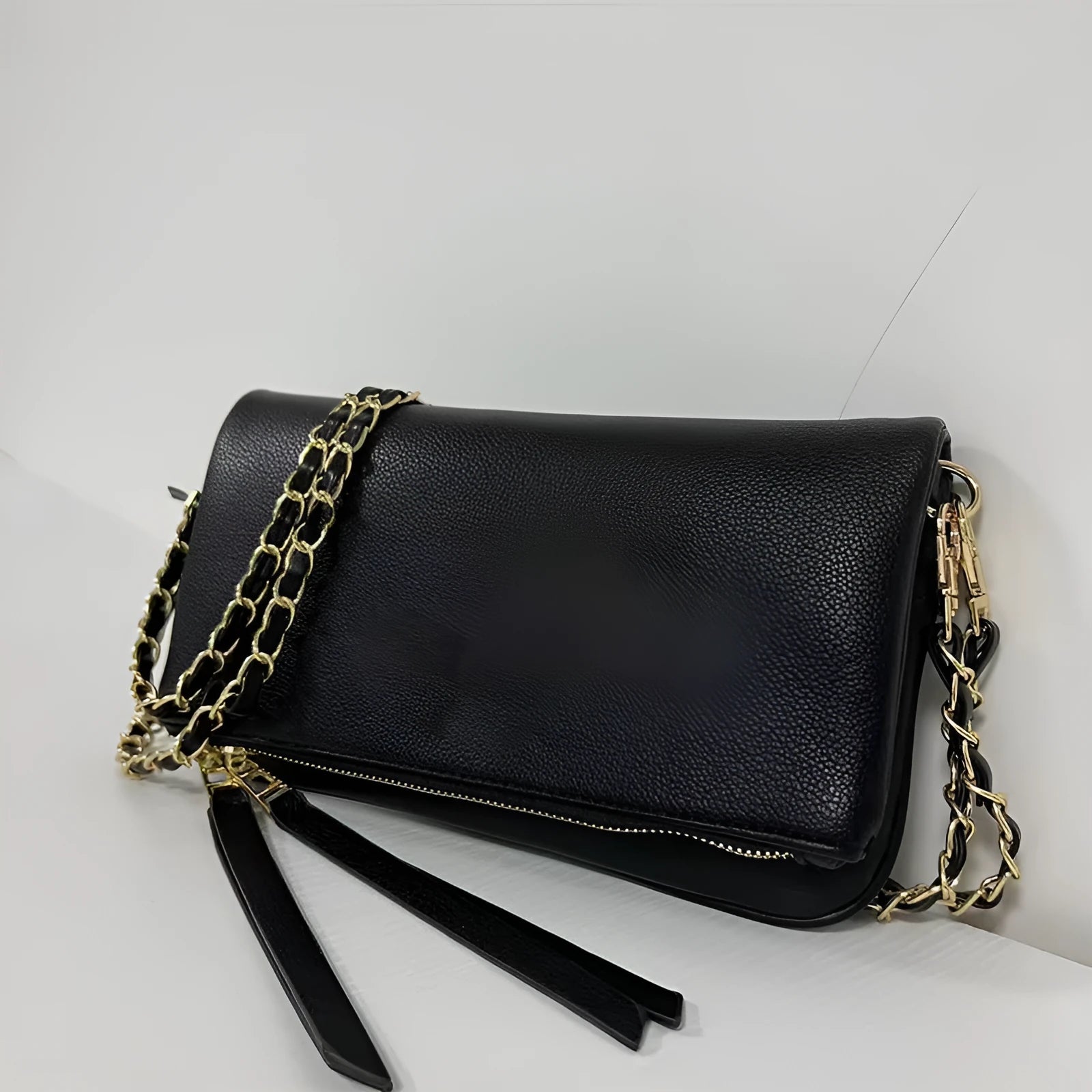 Women's soft PU leather chain folding clutch messenger bag with double straps in black classic colour