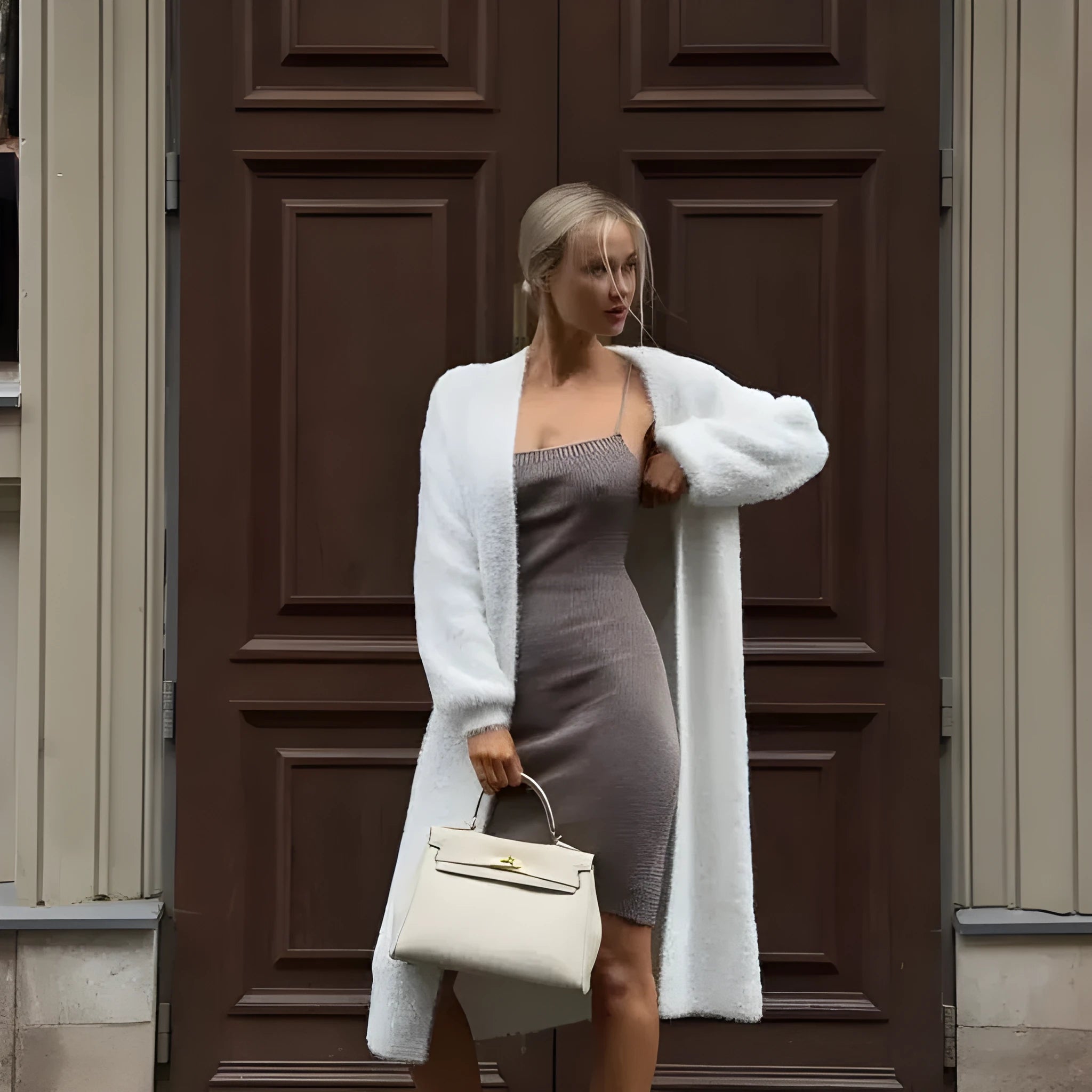 White long sleeve knitted cardigan jacket with a loose fit and extended length.