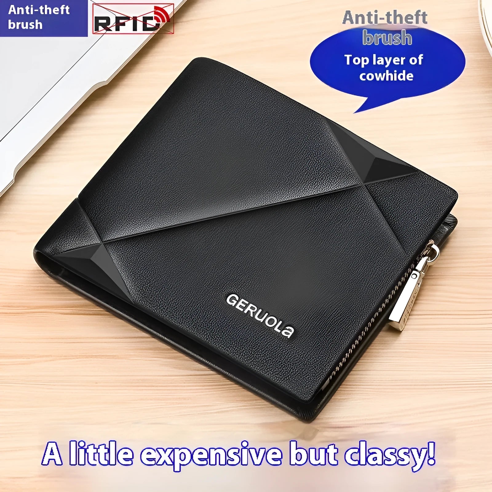 Men's brown leather short wallet with zipper closure and rhombus pattern