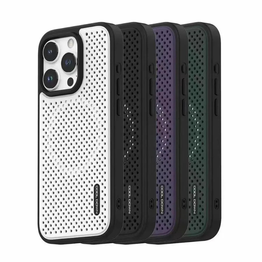 Cooling grid magnetic TPU phone case for Apple iPhone in white, black, purple, or pine needle green.
