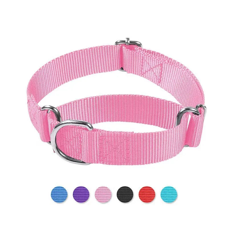 Adjustable nylon cat and dog collar with explosion-proof buckle and hand holding rope, shown in seven colours