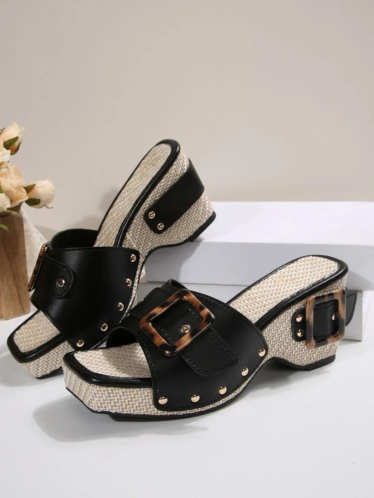 Plus size platform wedge sandals with square toe, rivet detail, PU upper and rubber sole, black or white
