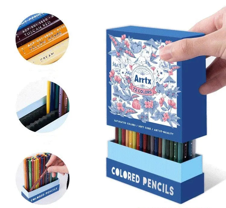Set of 72 coloured art pencils in a box, with basswood barrels and soft cores for drawing and sketching.