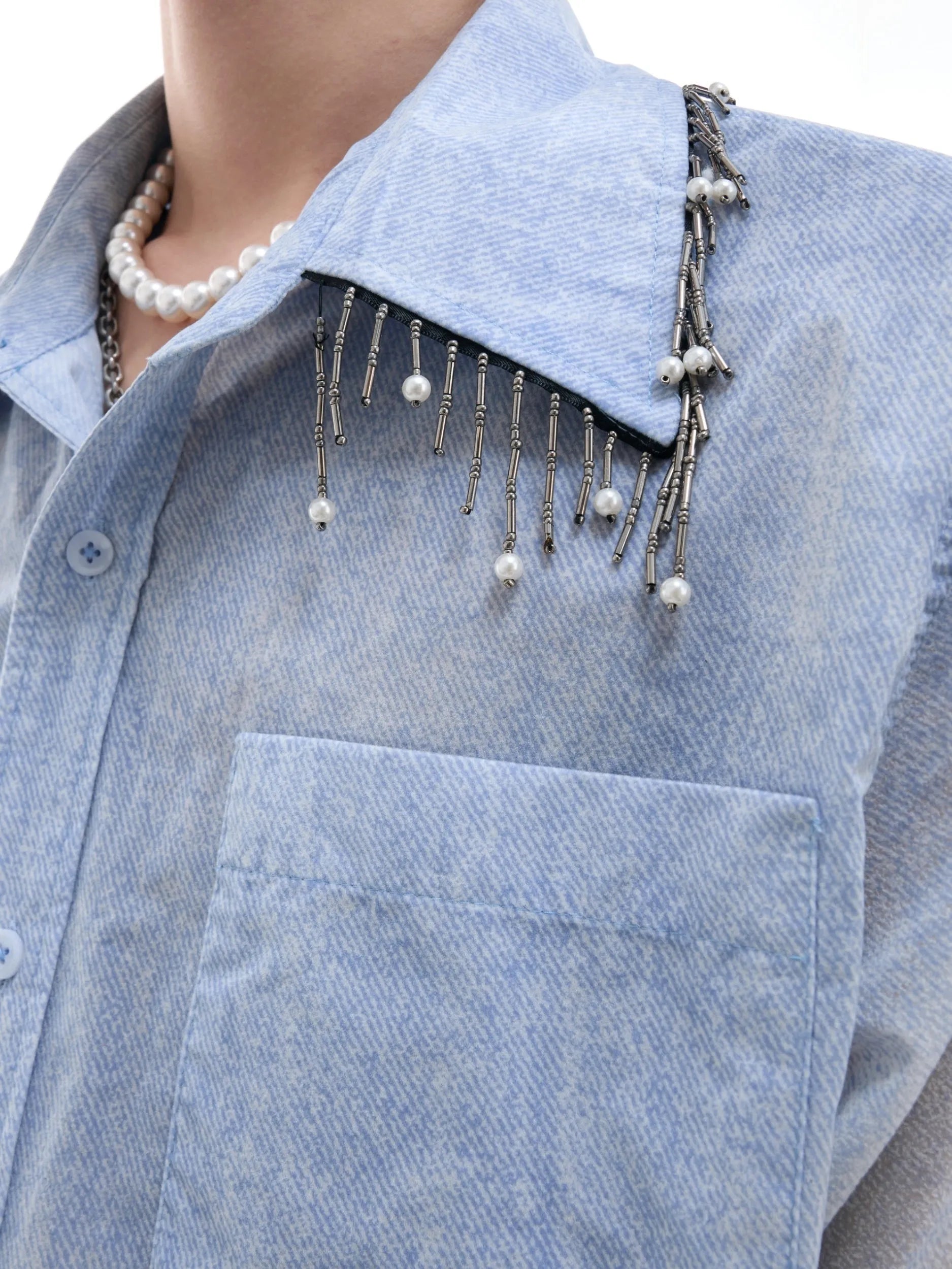 Man wearing a blue and white gradient loose-fit casual half-sleeve summer shirt