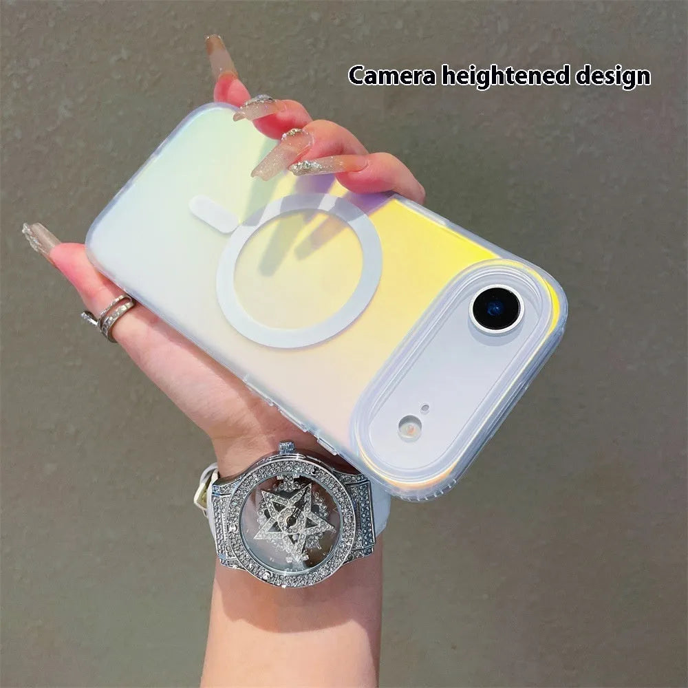 Laser gradient frosted magnetic back cover case for iPhone 17 series on a table