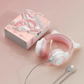 Esports cat ear gaming headset with protein cotton earmuffs and woven cable in pink colour