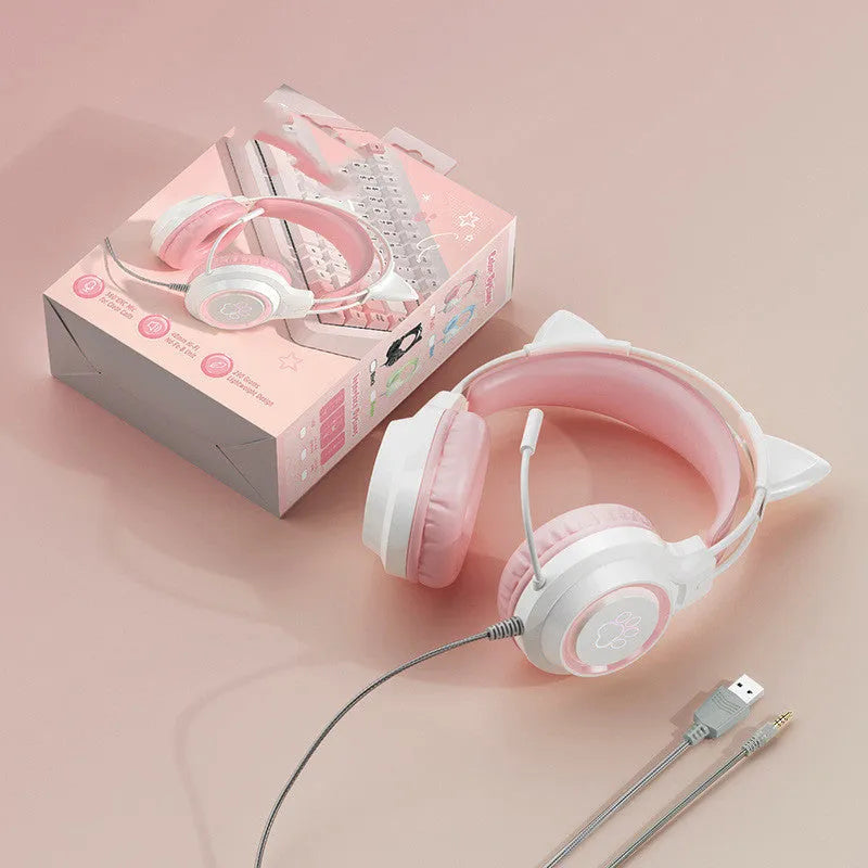 Esports cat ear gaming headset with protein cotton earmuffs and woven cable in pink colour
