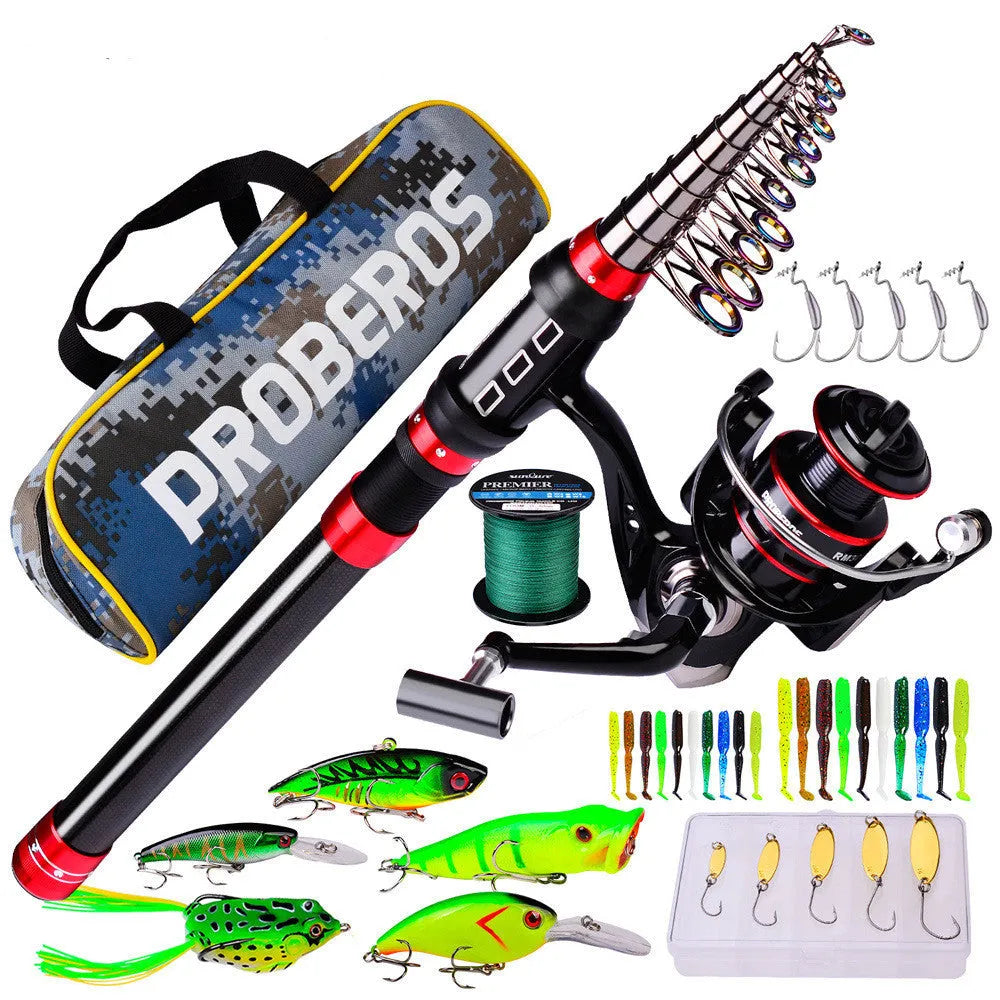 Long cast fishing rod reel and lure combination set with red colour and storage bag