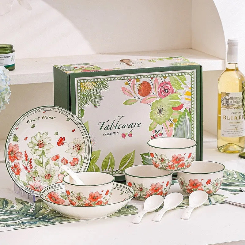 Ceramic tableware gift box set with 4 bowls, 4 spoons and 2 plates, underglaze surface, microwave available