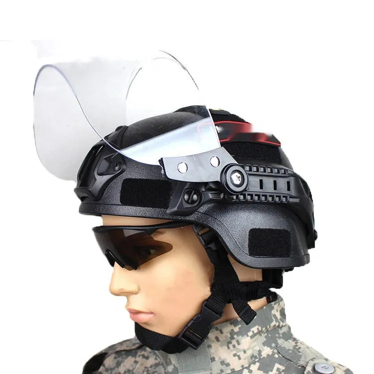 Transparent anti-riot tactical helmet with explosion-proof visor in Army Green colour.