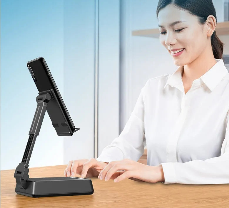 Black mobile phone desk stand with integrated Bluetooth speaker and microphone for live streaming