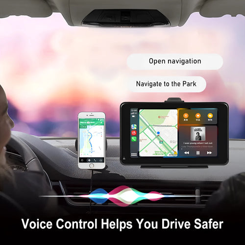 7-inch HD wired smart screen player with display showing menu, alongside its universal vertical and suction cup mounting supports.