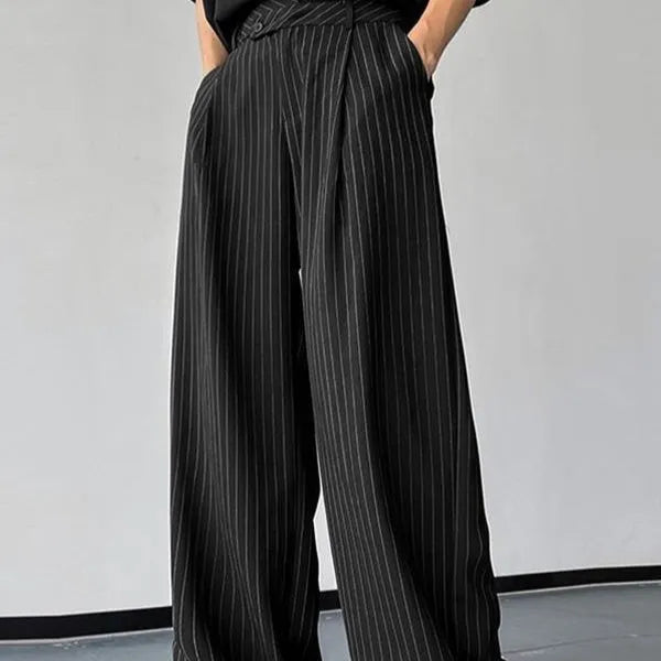 Black men's casual trousers with vertical striped pleats and an elasticated waistband