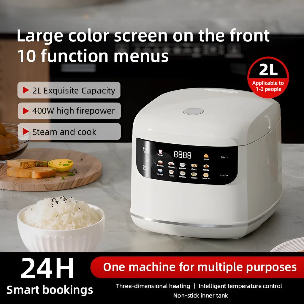 White 2L smart rice cooker with black microcrystal panel and PP steamer on kitchen counter