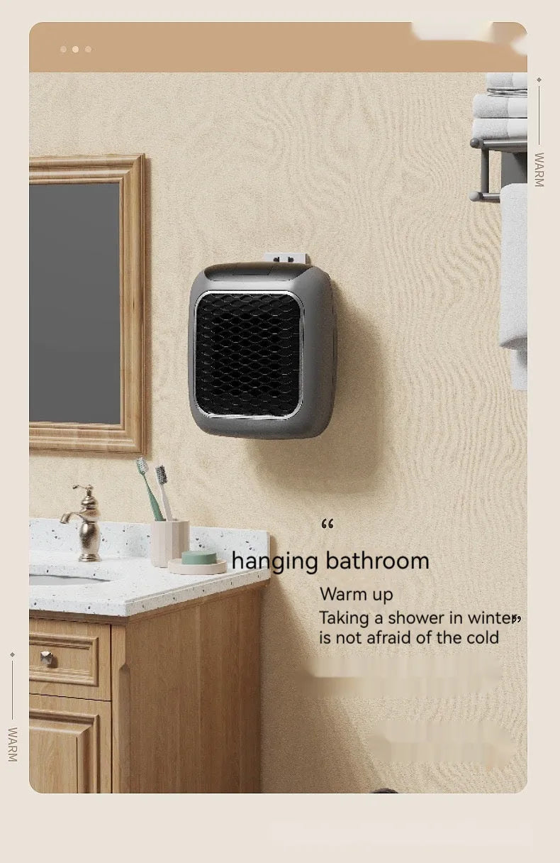 Wall-mounted mini fan heater with 800W PTC element 3-speed fan digital timer in gray