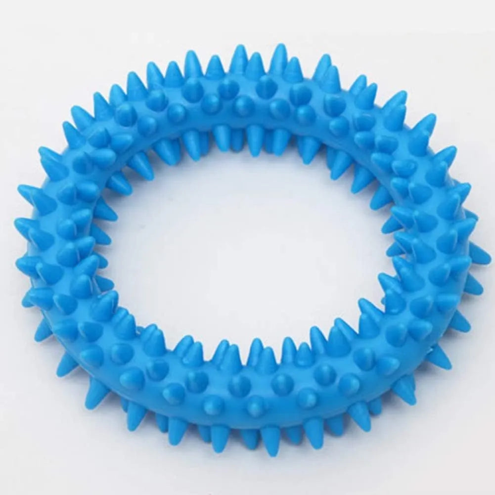 Blue TPR spiky ring dog chew toy for dental care and bite training, 9.5cm diameter.