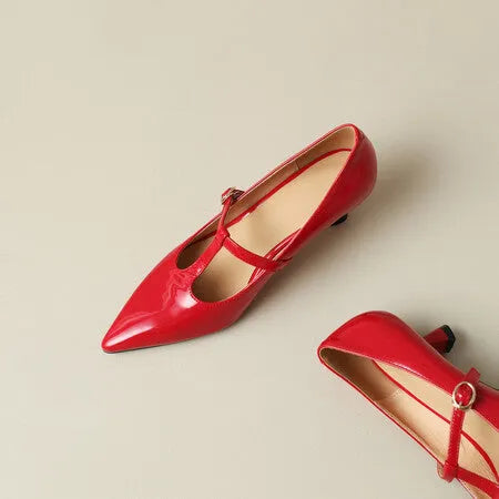 Women's genuine leather square toe high heels with 6-8cm heel in black, apricot or red colour options