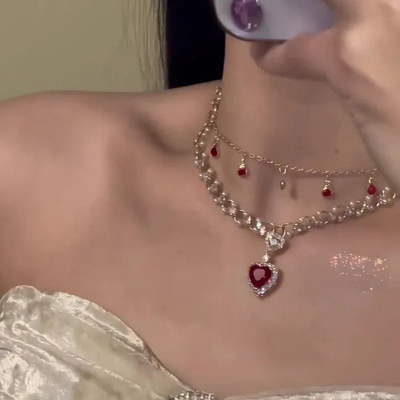Red love heart pendant on twin layer alloy necklace with adjustable 41-50cm chain