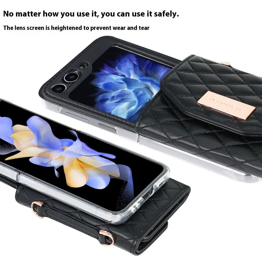 Fashion PU phone cover with lanyard and card slot for Samsung Z Flip in purple