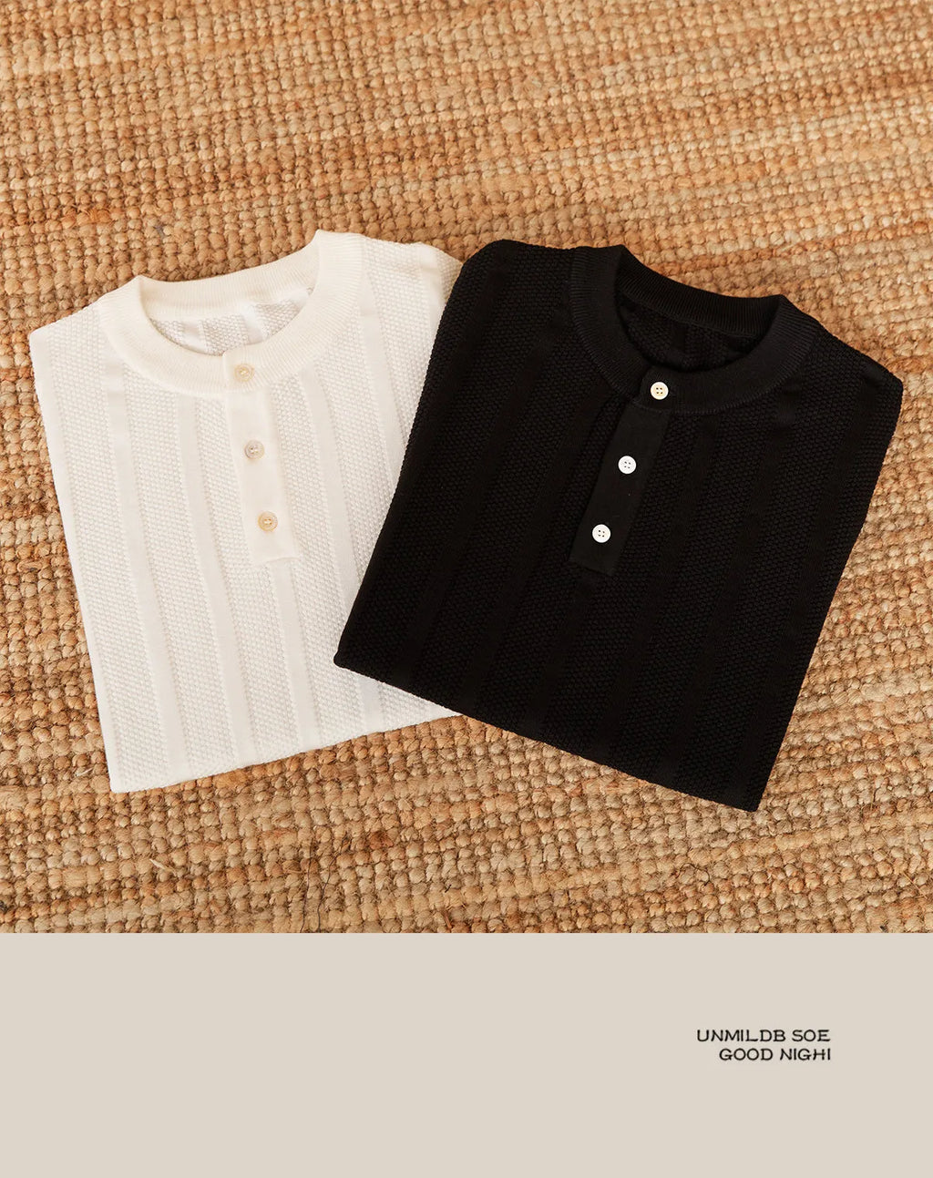 Men's creamy-white cotton short-sleeved T-shirt with a Henry collar and subtle sunken stripe pattern laid flat.
