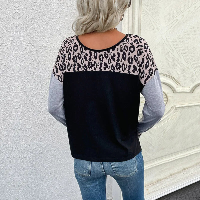 Women's loose fit round neck leopard print pullover sweater in black