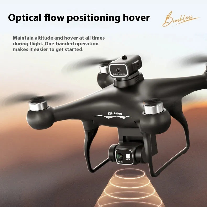 Black HD brushless UAV quadcopter with four-side obstacle avoidance and dual camera, under 30cm in size.