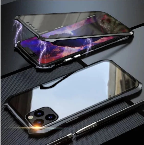 Metal magnetic protective cover for iPhone 11 series in black, blue, red, and silver colours