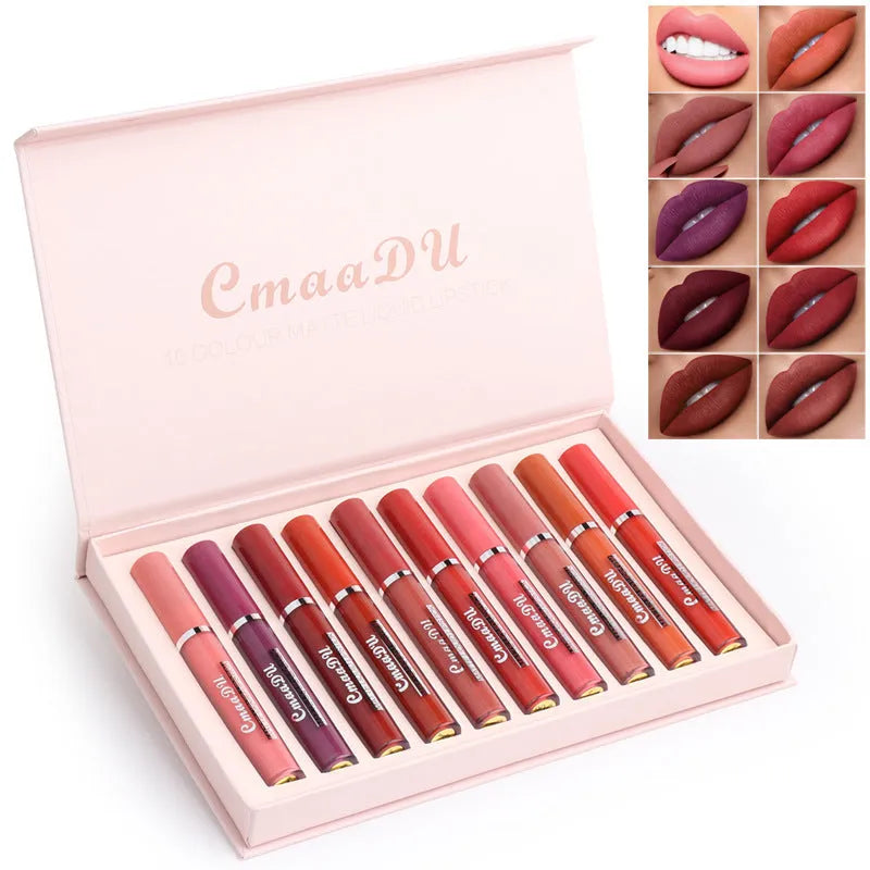 10-pack women's waterproof matte lipstick set with compact packaging and photo-ready colours