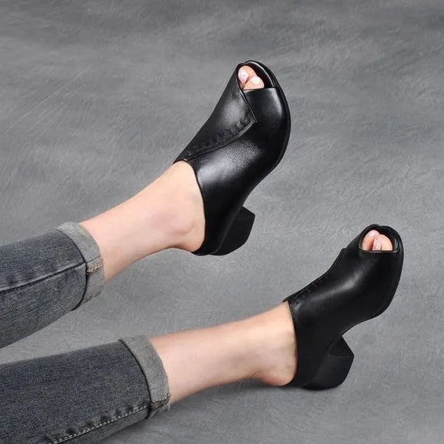 Women's black square heel peep-toe sandals with open fish-mouth design and a rubber sole.