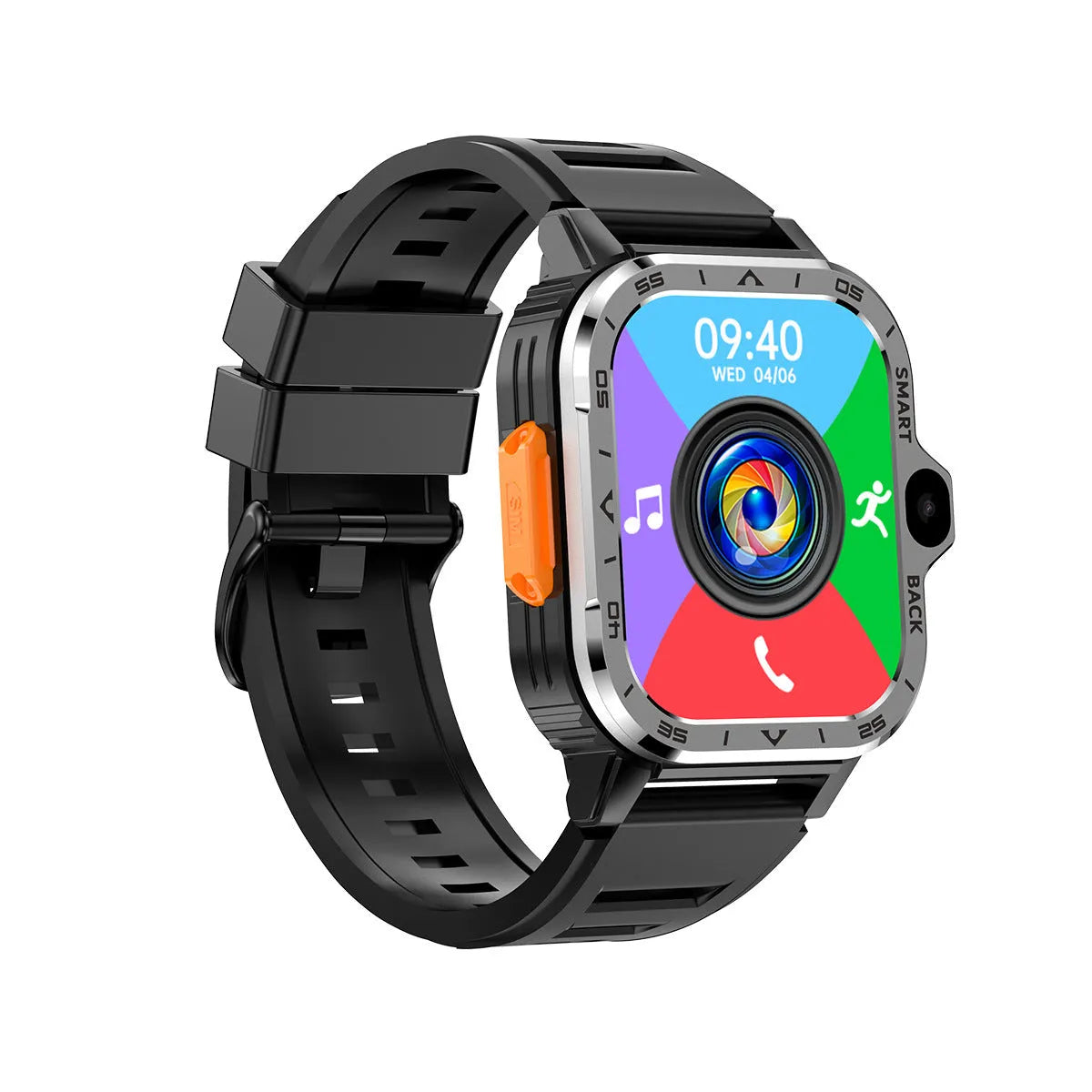 Black and silver student smartwatch with touch screen showing interface for Bluetooth calling and heart rate monitoring