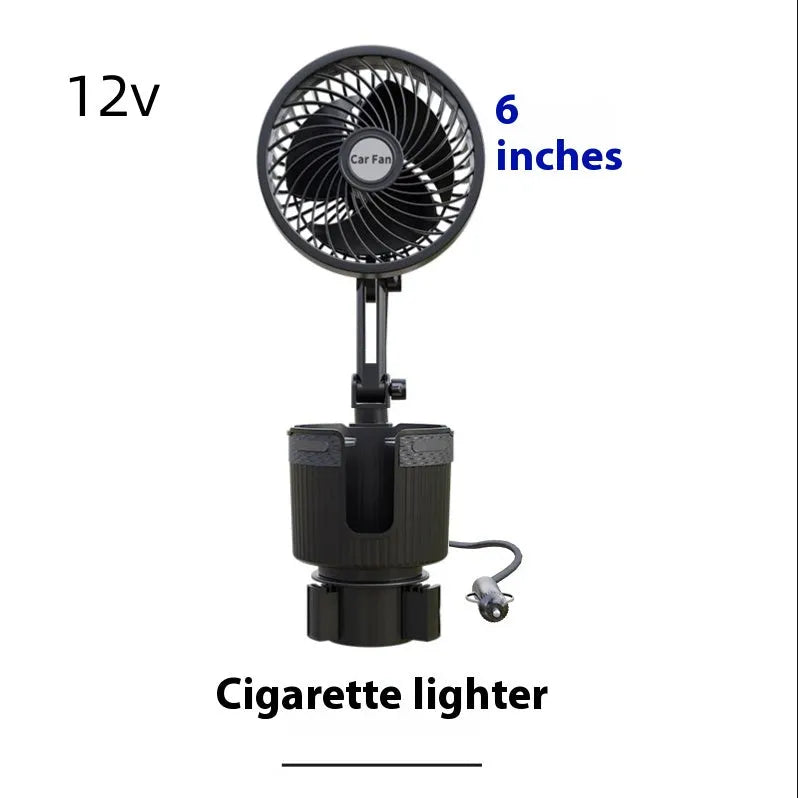A car cup holder fan with black ABS plastic housing inserted into a vehicle's centre console.