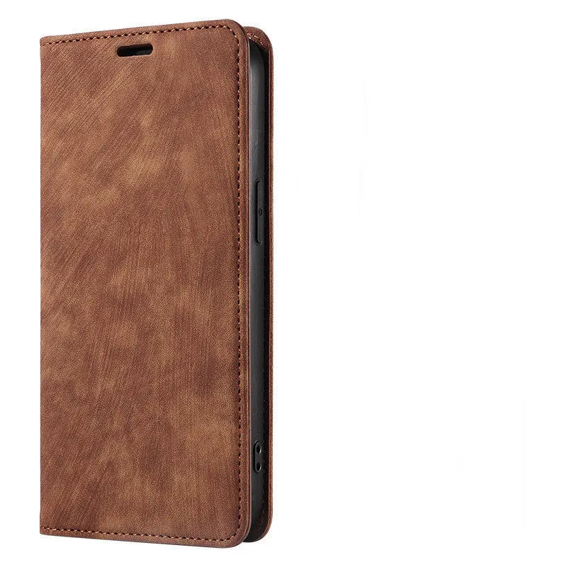 Magnetic flip phone case in grey showing front flap with card slots closed over an iPhone