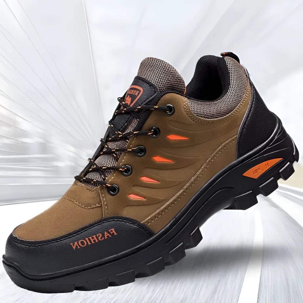 Men's brown suede hiking sneakers with rubber soles and lace-up design