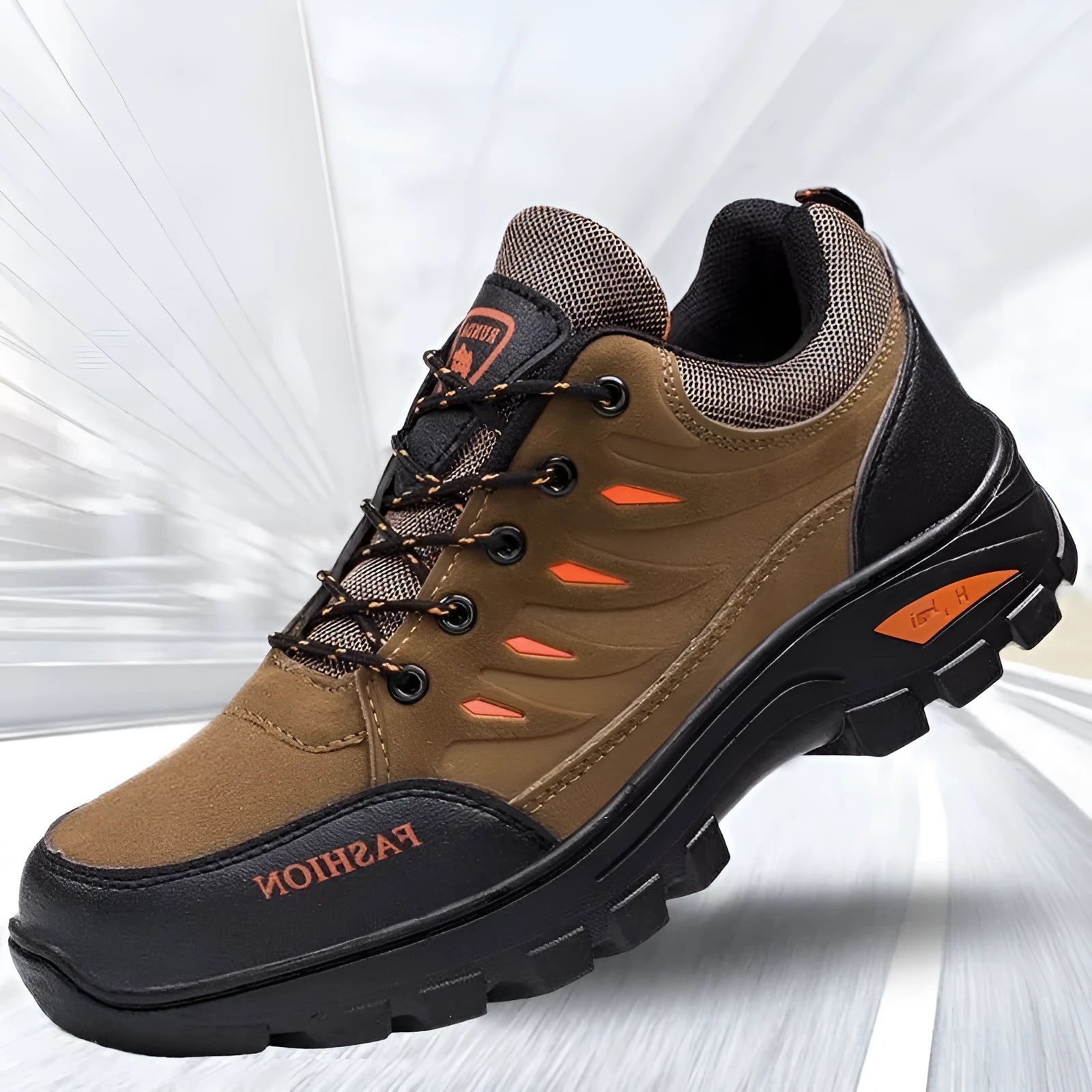 Men's brown suede hiking sneakers with rubber soles and lace-up design