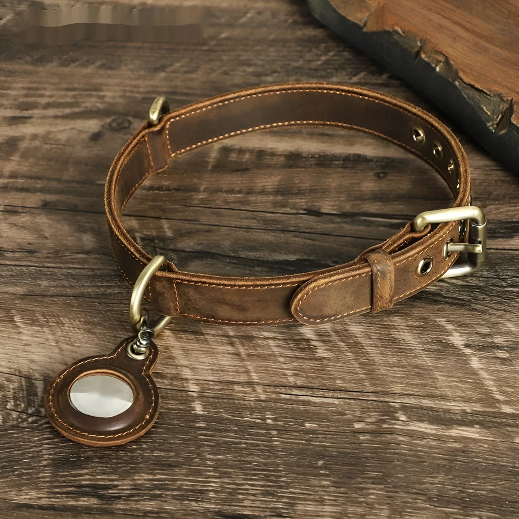 Brown handmade cowhide dog collar with retro style and halter positioning design