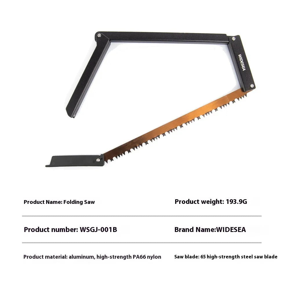 Black foldable outdoor survival saw with aluminium and nylon frame, showing folded design.