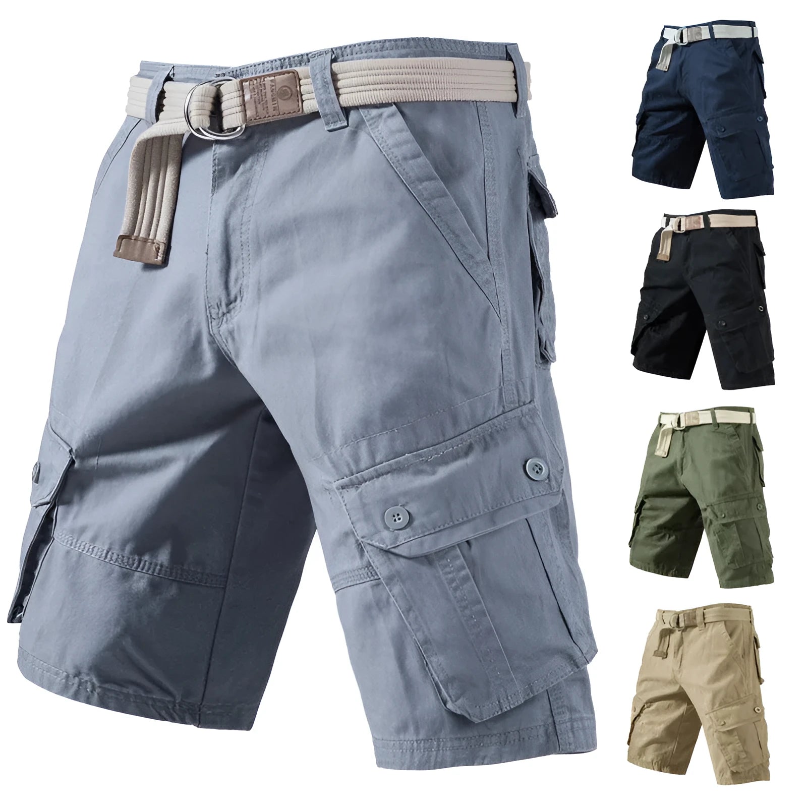 Cotton polyester blend cargo shorts in army green with multiple pockets and loose fit