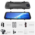 Car streaming media rear view mirror dash cam with 9.66 inch touch screen showing dual camera display
