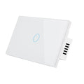 White 2-gang RF remote control touch light switch with tempered glass panel.