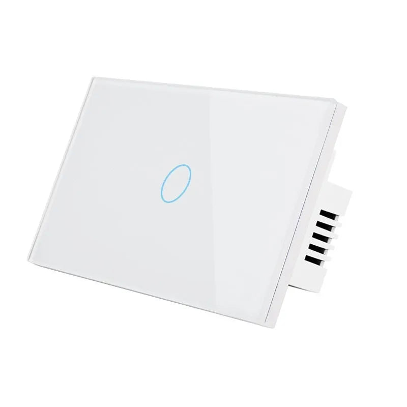 White 2-gang RF remote control touch light switch with tempered glass panel.