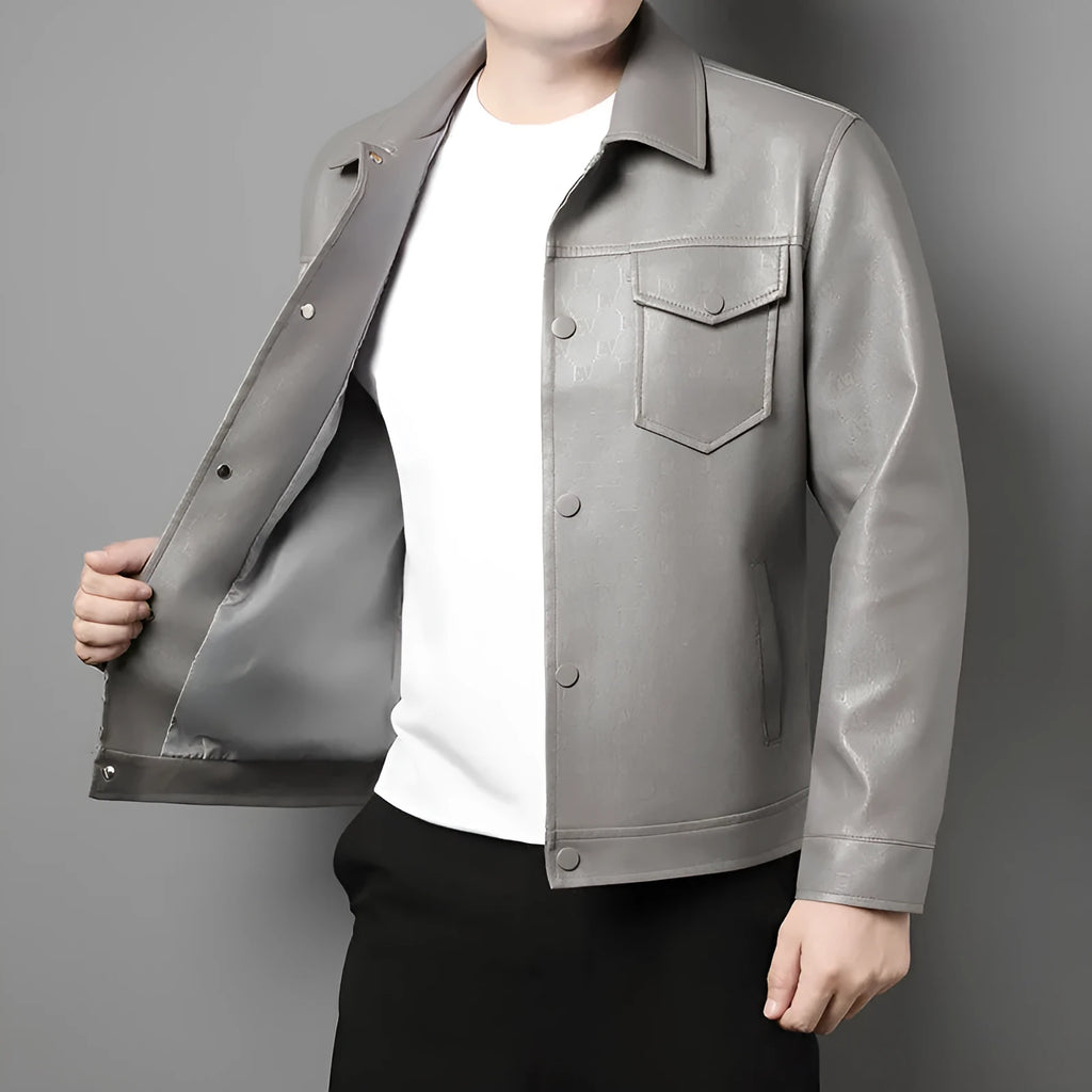 Men's black or light gray printed synthetic leather jacket, slim fit lapel, straight hem, no hood, sizes L to 4XL