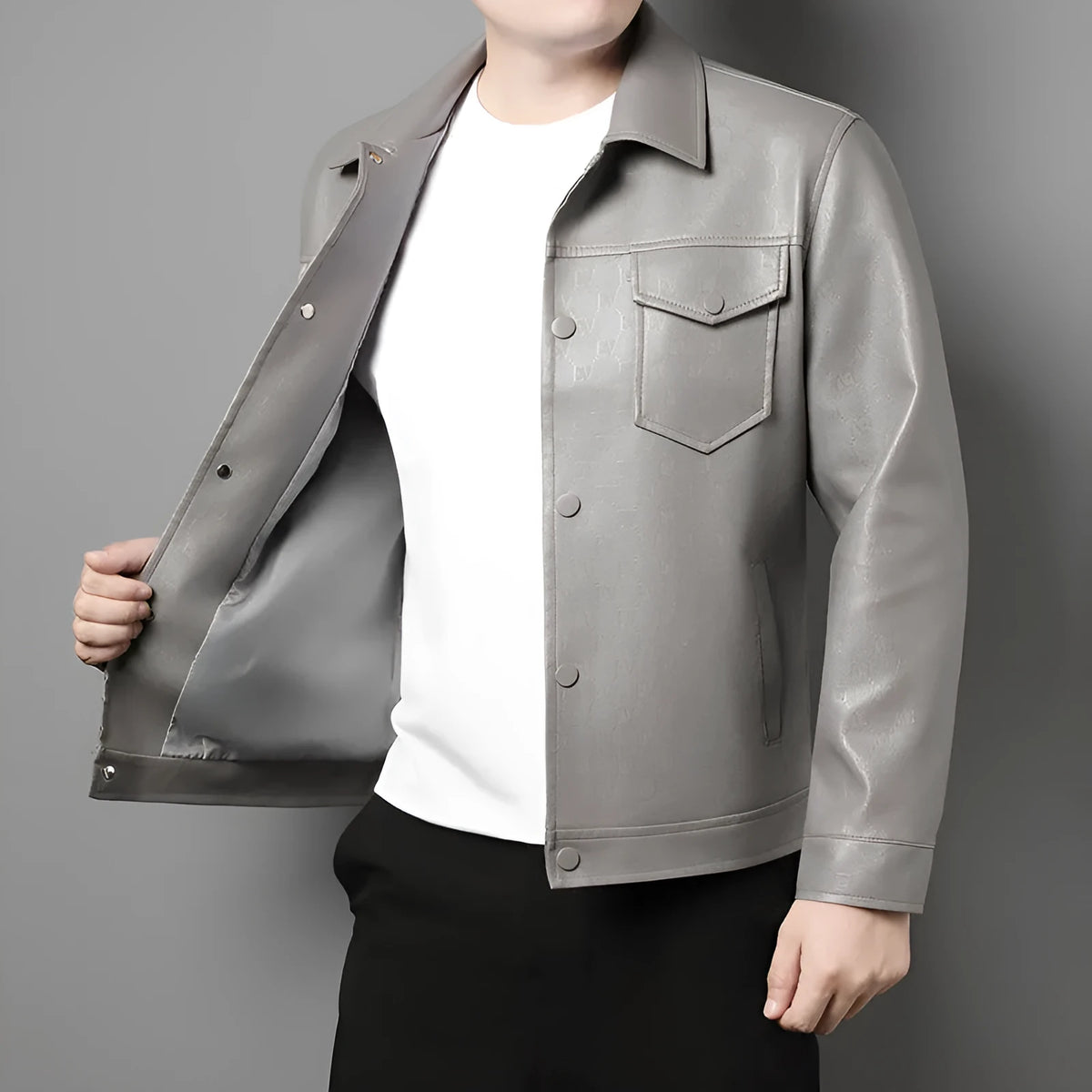 Men's black or light gray printed synthetic leather jacket, slim fit lapel, straight hem, no hood, sizes L to 4XL