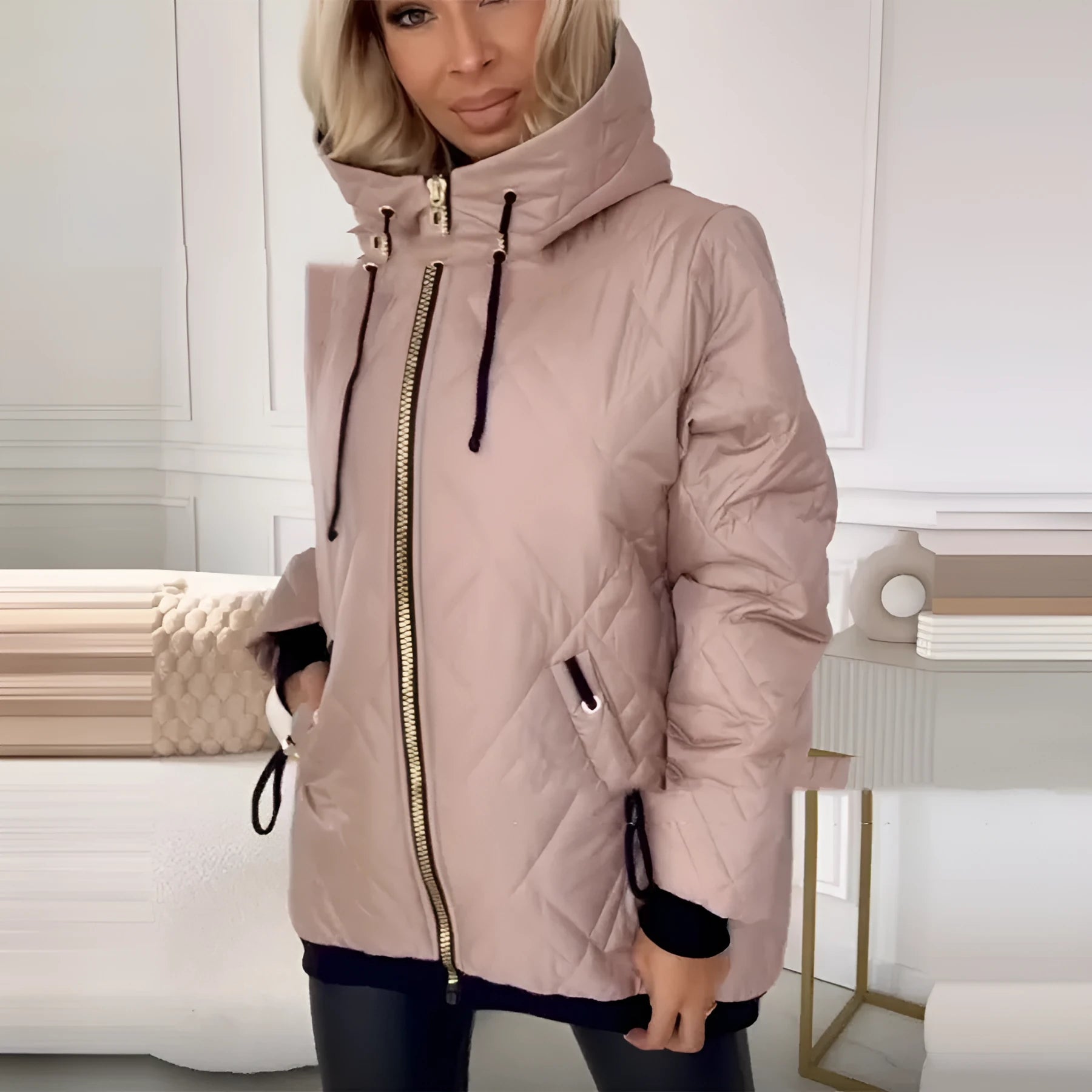 Women's casual hooded coat in black and pink, showing regular long sleeves and size range.