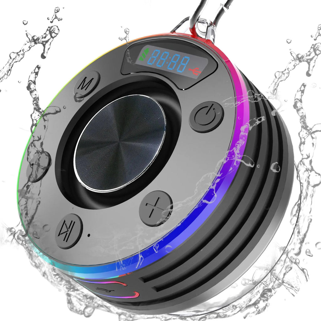 Waterproof Bluetooth speaker in black and sky blue with compact round design