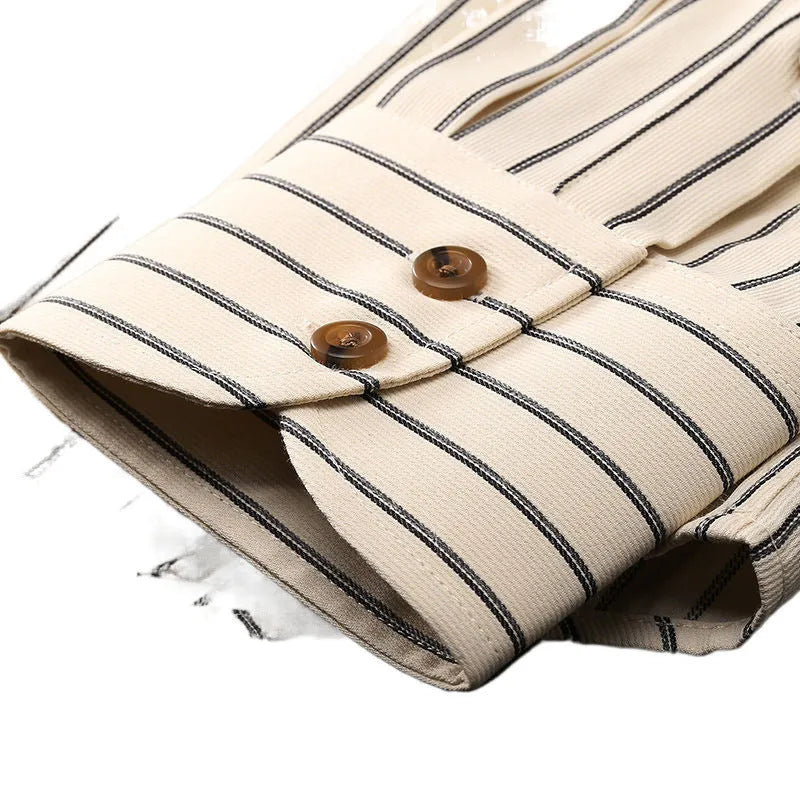 Coffee coloured striped men's long-sleeved shirt with slim fit and non-iron wool lining